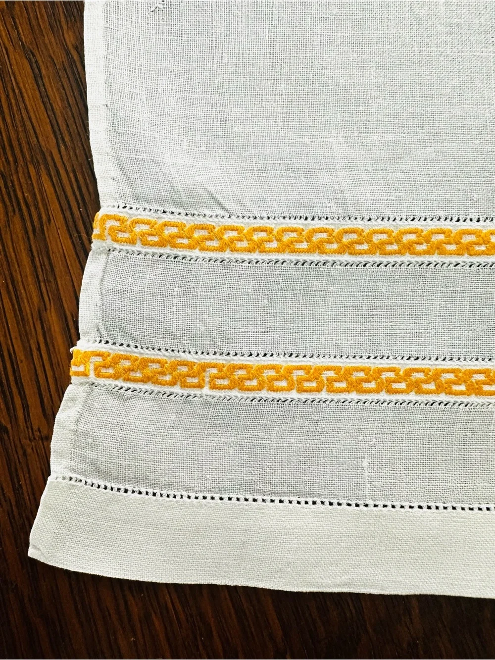 Vintage Hemstitched Linen Napkin with Greek Meander Pattern